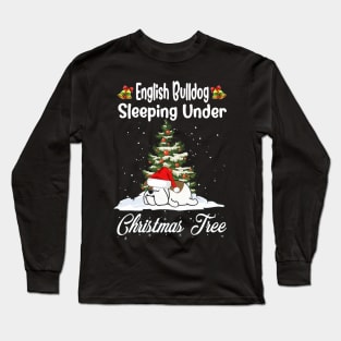 English Bulldog Sleeping Under Christmas Tree Funny Xmas Long Sleeve T-Shirt